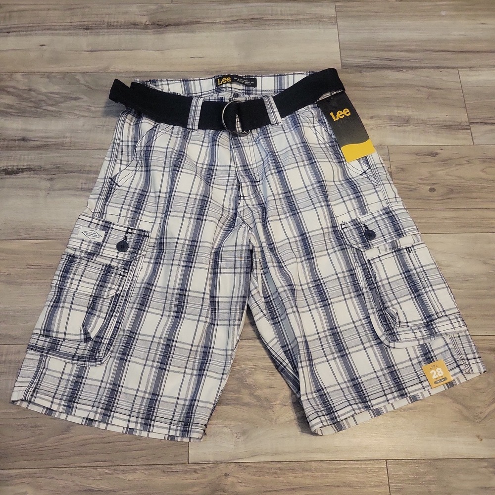 Lee Shorts Mens 28 Black White Plaid Cotton Belted‎ Flat Front Cargo NWT